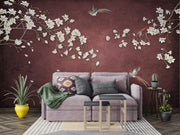 Burgundy Chinoiserie wall mural with white magnolia blossoms and long-tailed birds