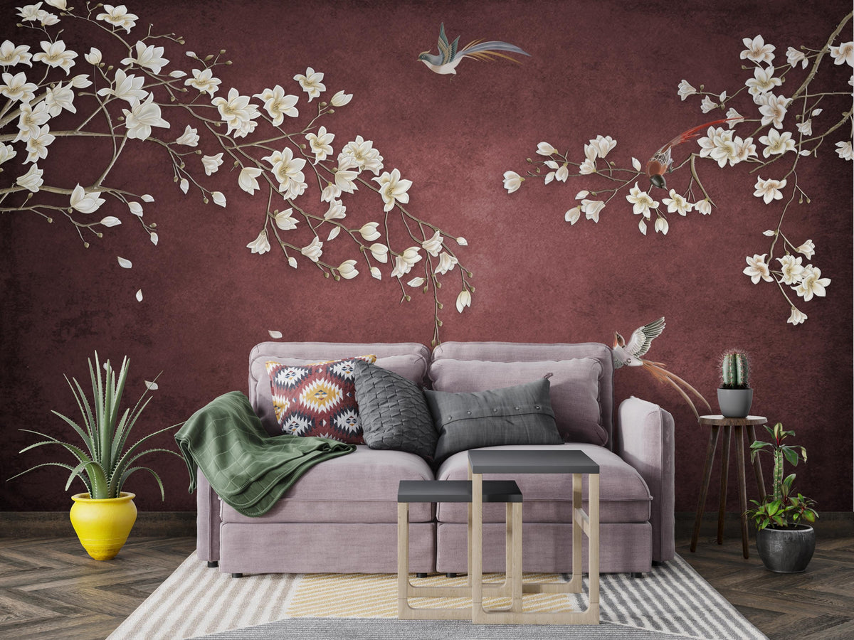 Burgundy Chinoiserie wall mural with white magnolia blossoms and long-tailed birds