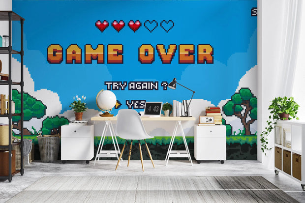 Pixelated 'Game Over' screen with pixel art landscape in a room setting.