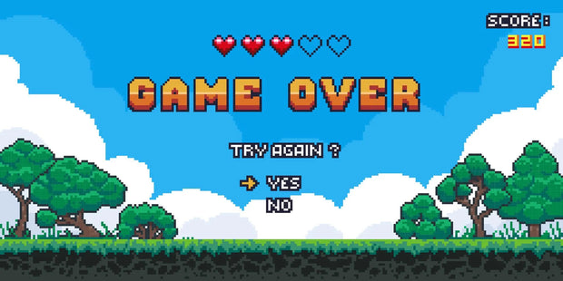 Pixel art 'Game Over' screen with heart icons and options on a blue sky background.