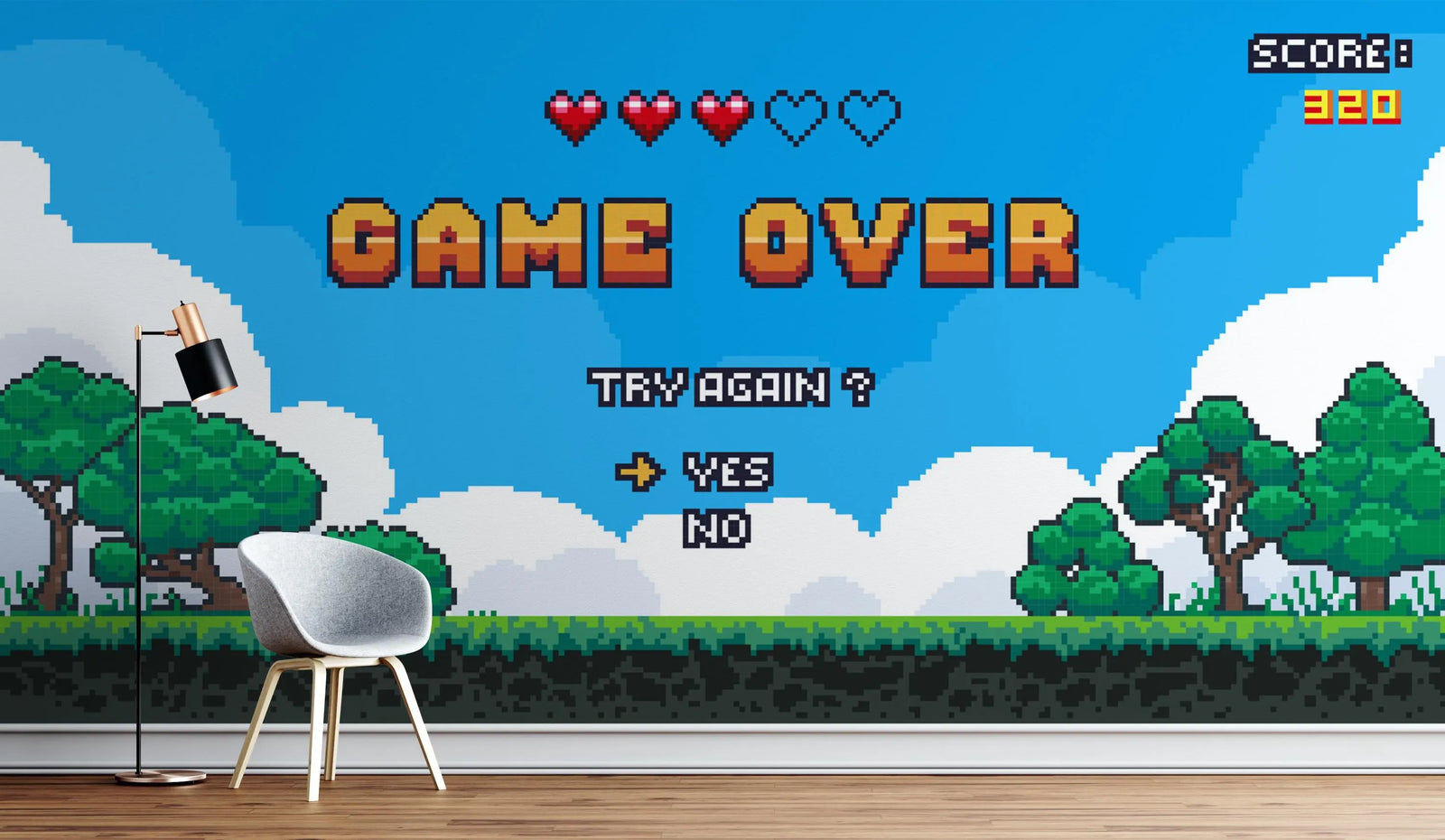 Pixel art 'Game Over' screen with a chair and lamp in a room