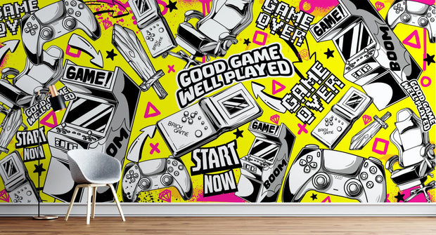 Wallpaper with retro gaming console and controller graphics on a yellow background