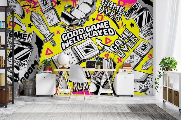 Modern room with a vibrant wall mural featuring gaming-themed graphics.