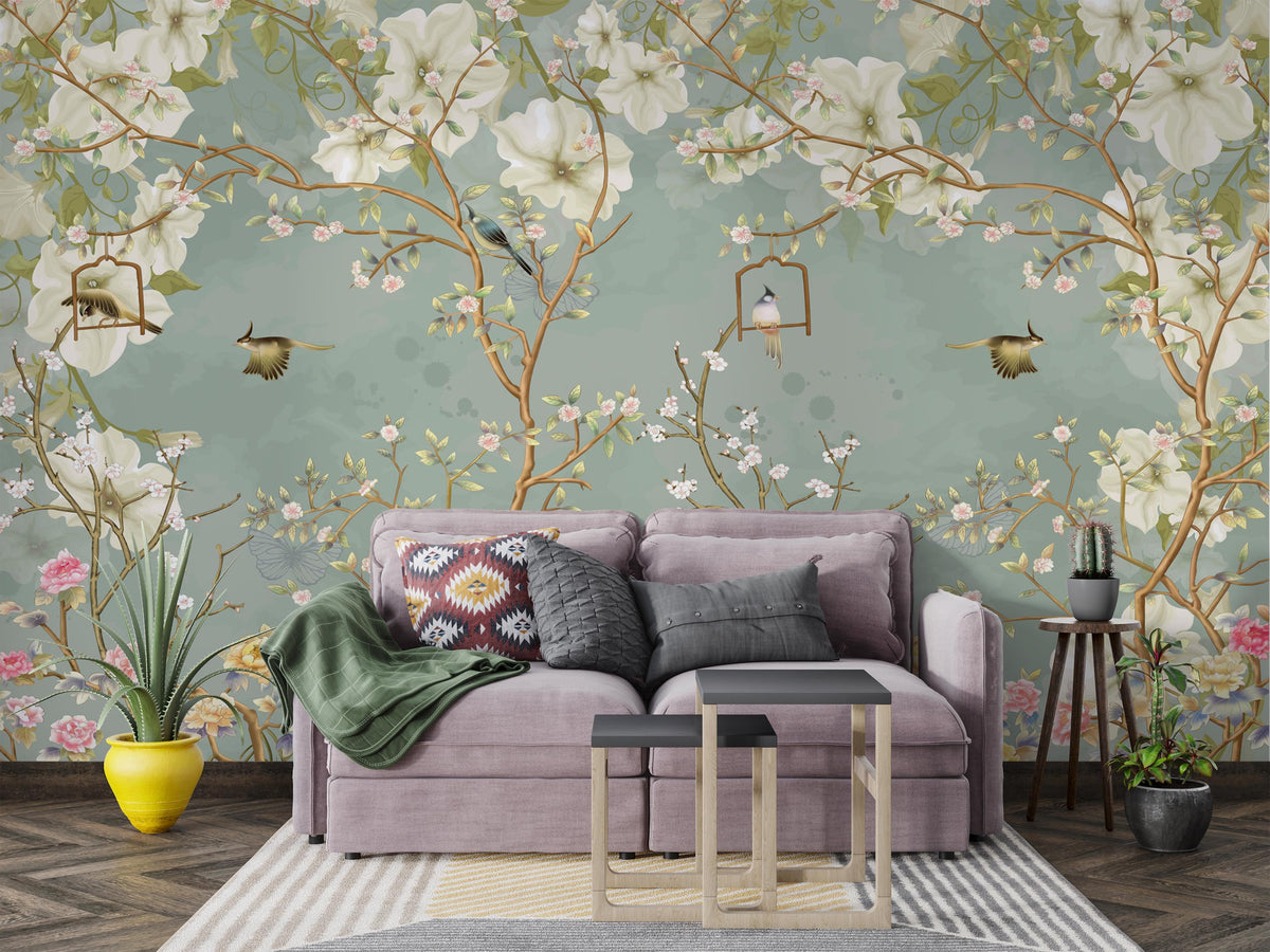 Sage Chinoiserie Birds and Garden Flowers Wall Mural – grey sofa mock-up