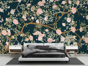 Dark Teal Pink Blossom and Butterfly Wall Mural – bedroom with grey bedding mock-up