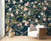 Dark Teal Pink Blossom and Butterfly Wall Mural – cream armchair mock-up