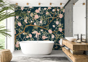 Dark Teal Pink Blossom and Butterfly Wall Mural – bathroom with a freestanding bath mock-up