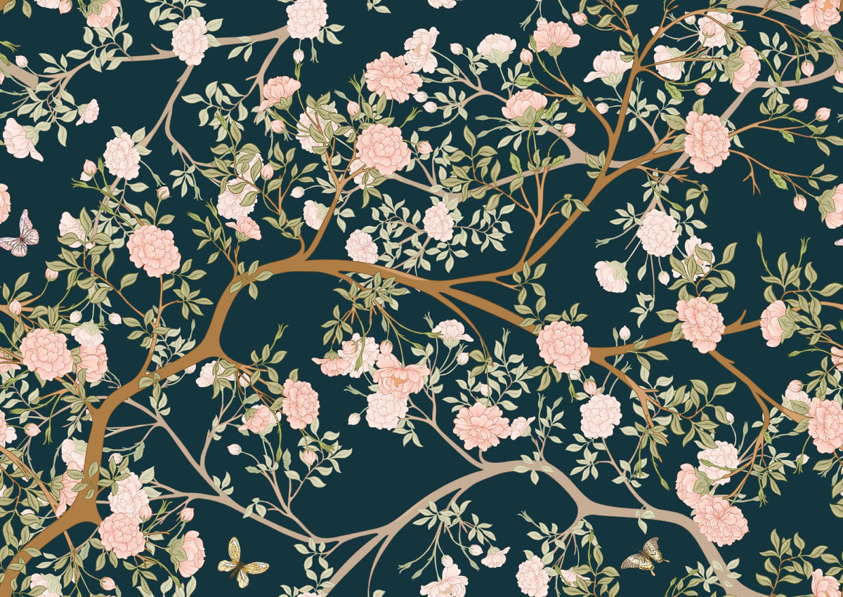 Dark Teal Pink Blossom and Butterfly Wall Mural – clean artwork for crop selection