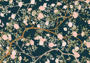 Dark Teal Pink Blossom and Butterfly Wall Mural – clean artwork for crop selection