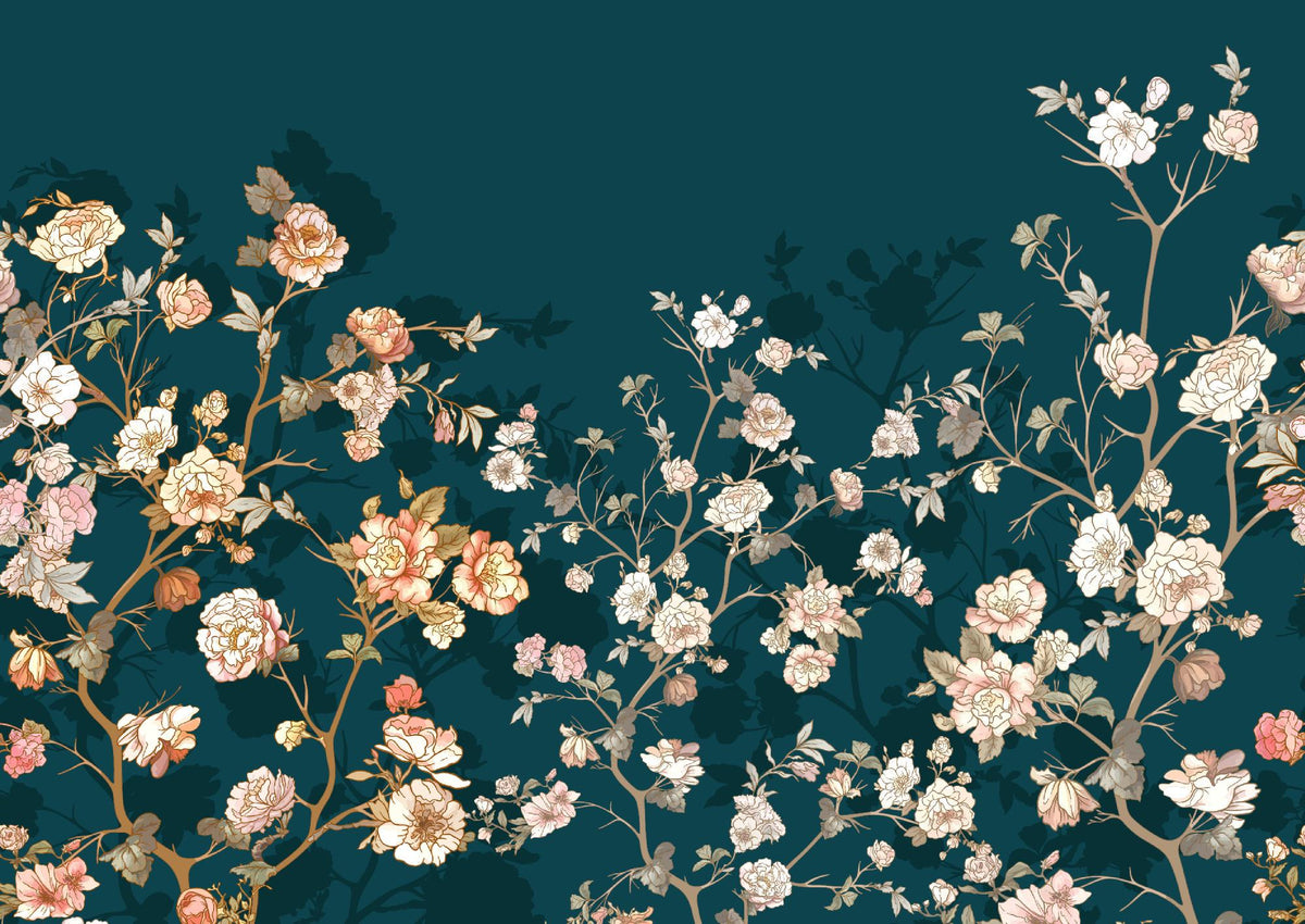 A decorative floral pattern featuring branches with pink, cream, and peach blossoms and leaves set against a deep teal background.