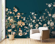 Moody Chinoiserie wall mural with pink peonies, green foliage and butterflies on deep teal