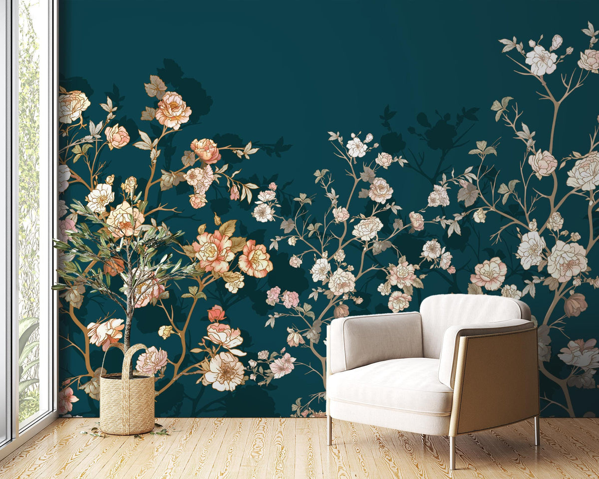 Moody Chinoiserie wall mural with pink peonies, green foliage and butterflies on deep teal
