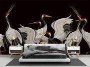 Dark Chinoiserie wall mural with red-crowned cranes on a black background