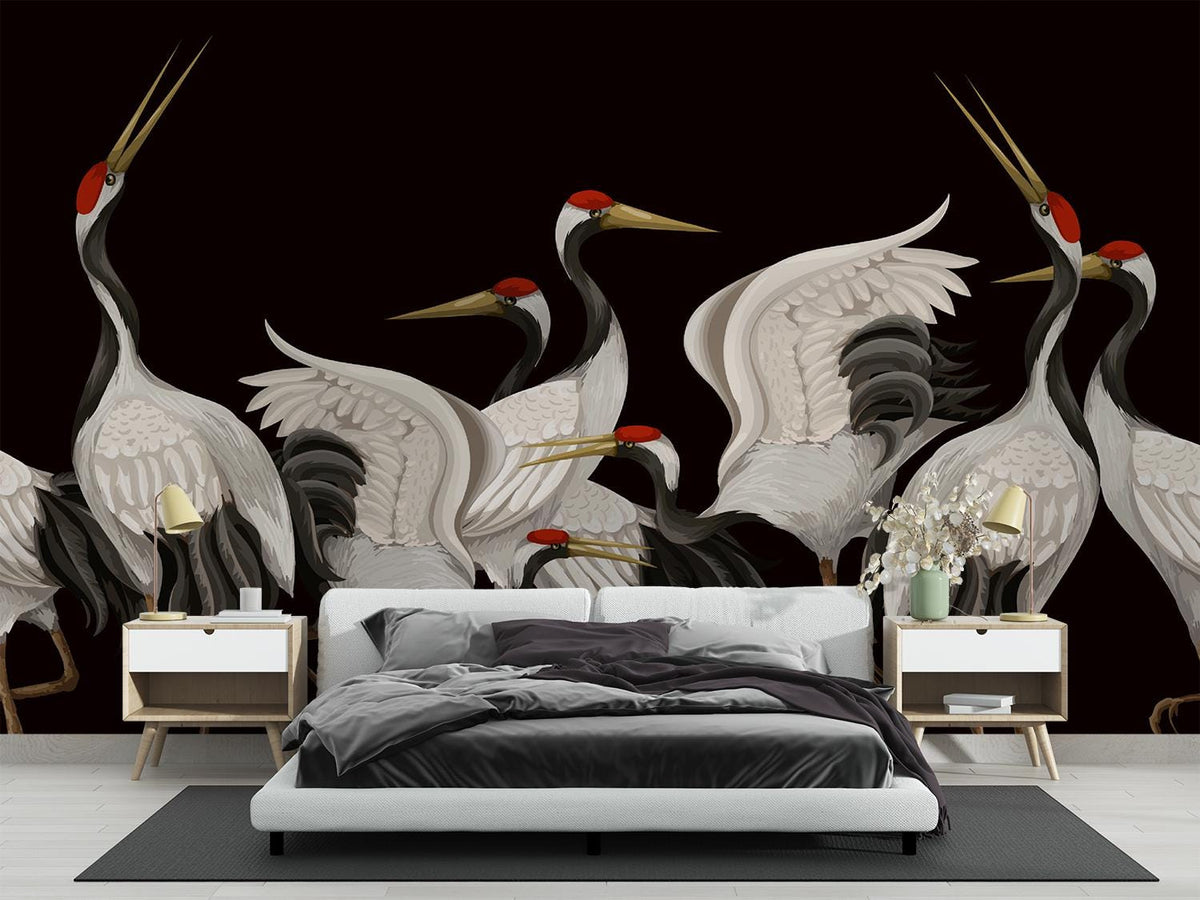 Dark Chinoiserie wall mural with red-crowned cranes on a black background