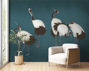Teal Red-Crowned Crane Wall Mural – cream armchair mock-up