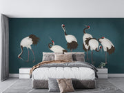 Teal Red-Crowned Crane Wall Mural – bedroom with neutral bedding mock-up