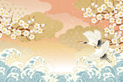 Peach Blossom and Crane Wave Wall Mural – clean artwork for crop selection