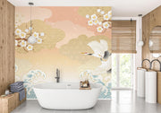 Peach Blossom and Crane Wave Wall Mural – bathroom with a freestanding bath mock-up