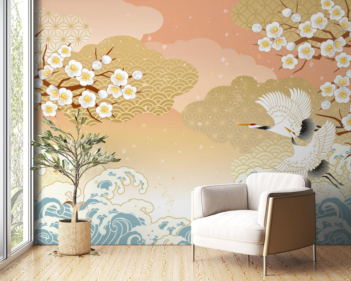 Peach Blossom and Crane Wave Wall Mural – cream armchair near a window mock-up