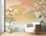 Peach Blossom and Crane Wave Wall Mural – cream armchair near a window mock-up