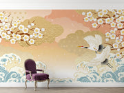 Peach Blossom and Crane Wave Wall Mural – purple chair mock-up