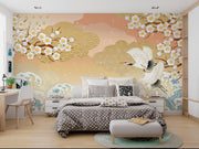 Peach Blossom and Crane Wave Wall Mural – bedroom with patterned bedding mock-up