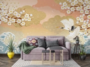 Peach Blossom and Crane Wave Wall Mural – grey sofa in a living room mock-up