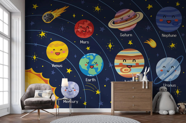 Children's room with a solar system-themed wall mural featuring cartoon planets and stars.