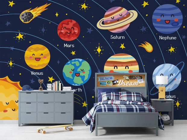 Children's bedroom with space-themed wall mural featuring cartoon planets and stars.
