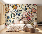 Blush and Mustard Abstract Floral Wall Mural – bedroom with neutral bedding mock-up