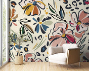 Blush and Mustard Abstract Floral Wall Mural – room with a cream armchair mock-up