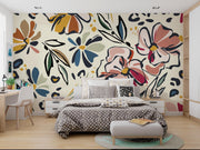 Blush and Mustard Abstract Floral Wall Mural – bedroom with patterned bedding mock-up