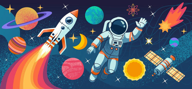 Illustration of an astronaut in space with planets, stars, and a rocket.
