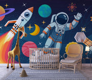 Children's room with space-themed decor, including an astronaut, rocket, and planets.