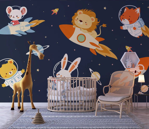 Children's room with space-themed wallpaper, toys, and furniture.