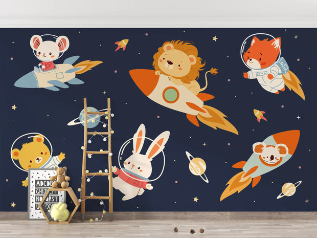 Wallpaper with space-themed design featuring animals on rockets and planets.