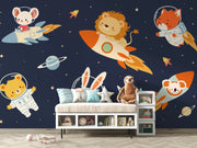 Children's room with space-themed wallpaper featuring animals on rockets and a bench.