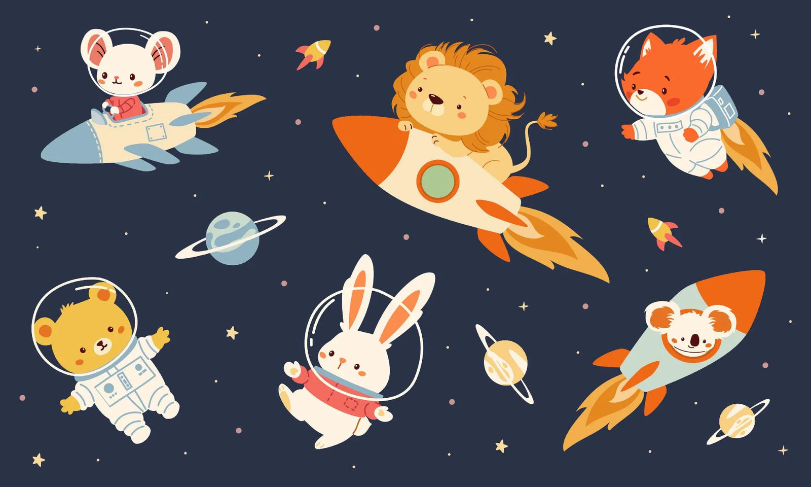Illustration of animals in space with rockets and planets on a dark blue background