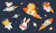 Illustration of animals in space with rockets and planets on a dark blue background