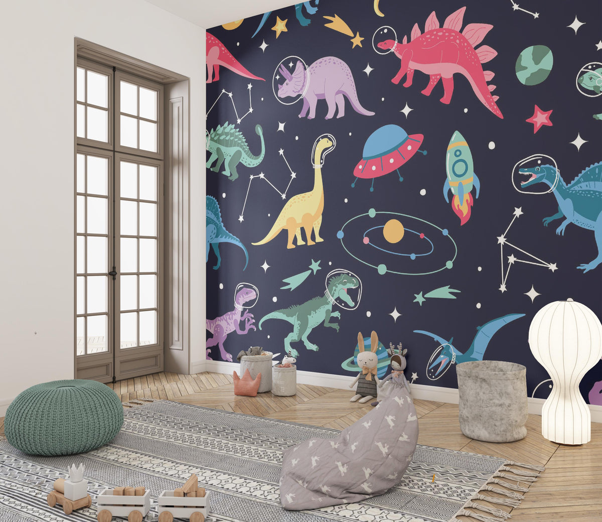 Colourful dinosaurs in space helmets with planets and rockets on navy — playroom with floor cushions mock-up