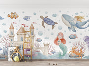 Watercolour Mermaid Castle Wall Mural – room illustration 2