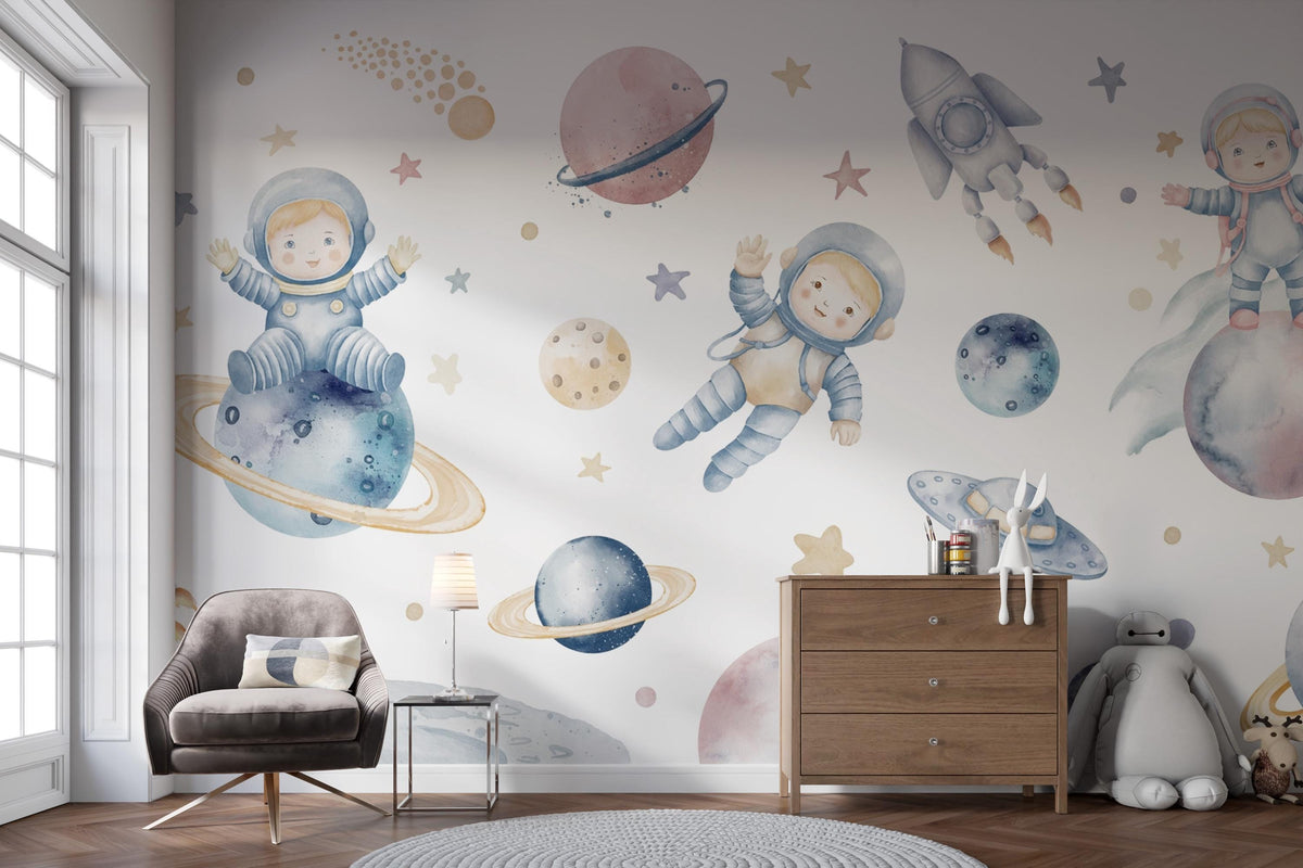 Watercolour Astronaut and Planets Wall Mural – room illustration 1