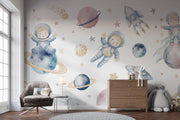 Watercolour Astronaut and Planets Wall Mural – room illustration 1