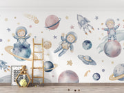 Watercolour Astronaut and Planets Wall Mural – room illustration 2