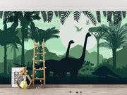 Green Dinosaur Silhouette Jungle Wall Mural – playroom with a wooden ladder mock-up