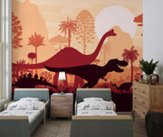 Terracotta Dinosaur Silhouette Landscape Wall Mural – bedroom with twin beds mock-up