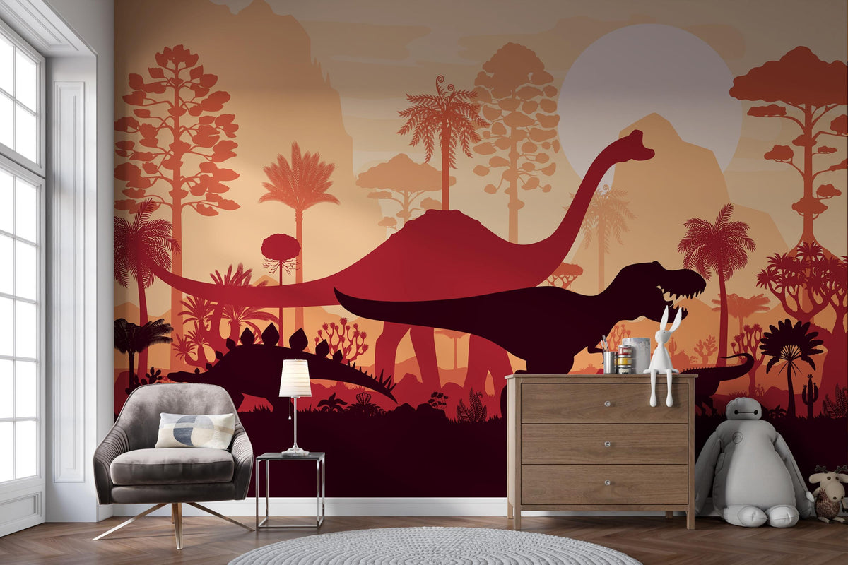 Terracotta Dinosaur Silhouette Landscape Wall Mural – nursery with a chest of drawers mock-up