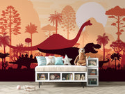 Terracotta Dinosaur Silhouette Landscape Wall Mural – playroom with a storage bench mock-up