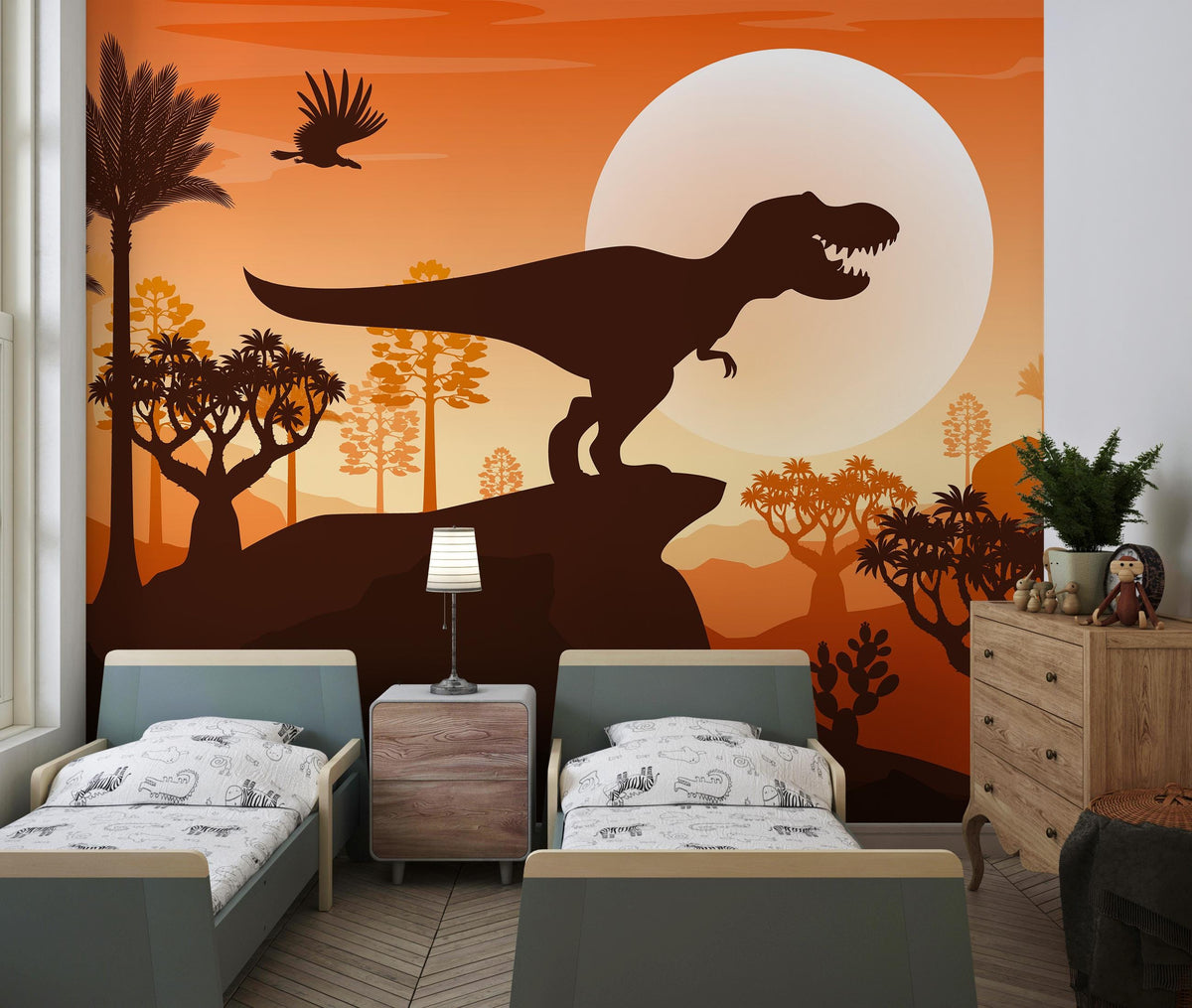 T-Rex Sunset Silhouette Wall Mural – room illustration 1