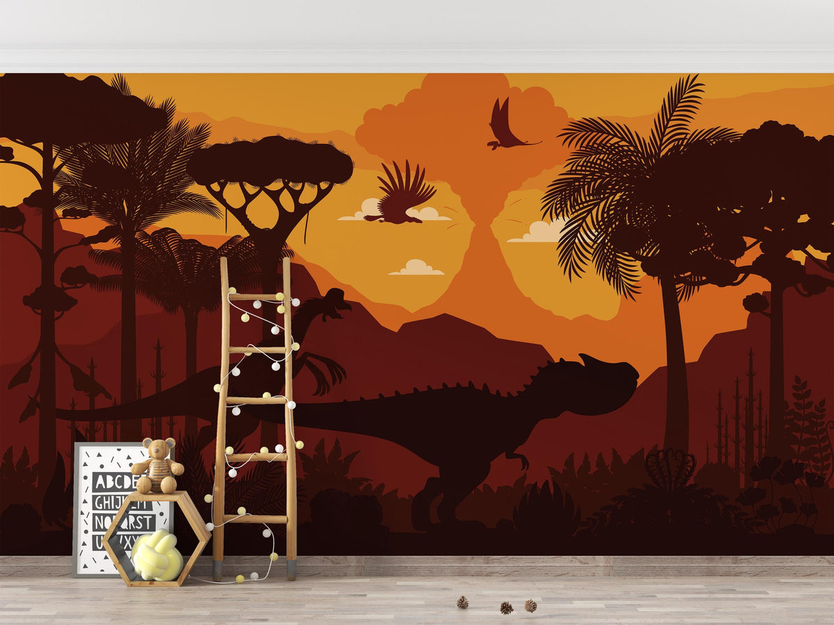 Dark T-Rex silhouette in an orange prehistoric landscape — playroom with a wooden climbing frame mock-up